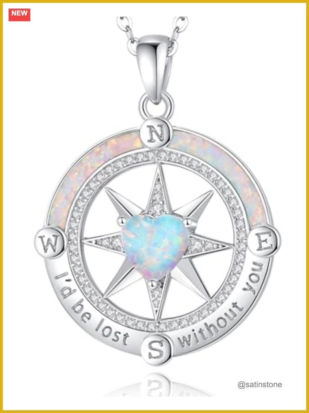 925 Sterling Silver Compass Pendant Necklace White Gold Plated Created Opal